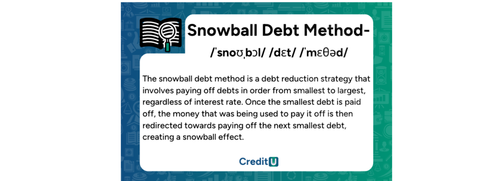 The snowball method is a debt reduction strategy that involves paying off debts in order from smallest to largest, regardless of interest rate. 